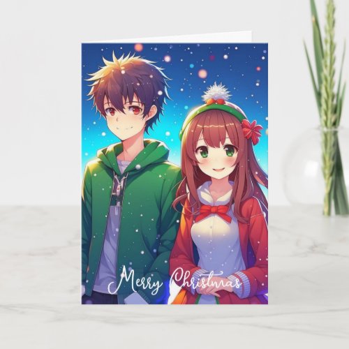 Cute Anime Couple  Merry Christmas from Us Card