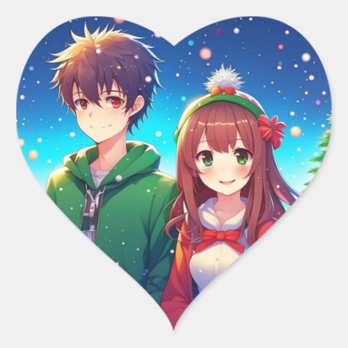 Cute Anime Couple  Merry Christmas  Heart Sticker