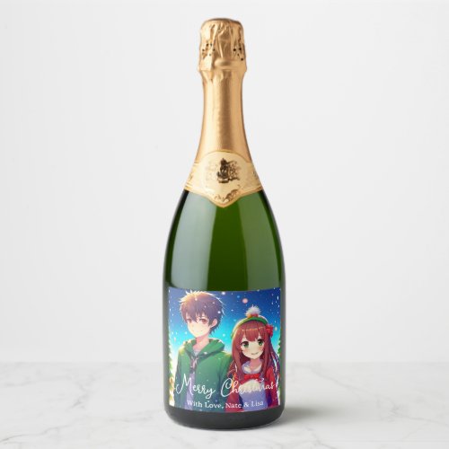 Cute Anime Couple  Merry Christmas  Sparkling Wine Label