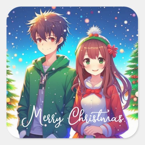 Cute Anime Couple  Merry Christmas  Square Sticker