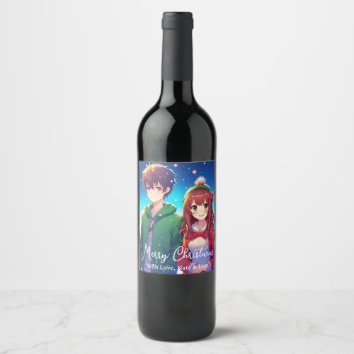 Cute Anime Couple  Merry Christmas  Wine Label