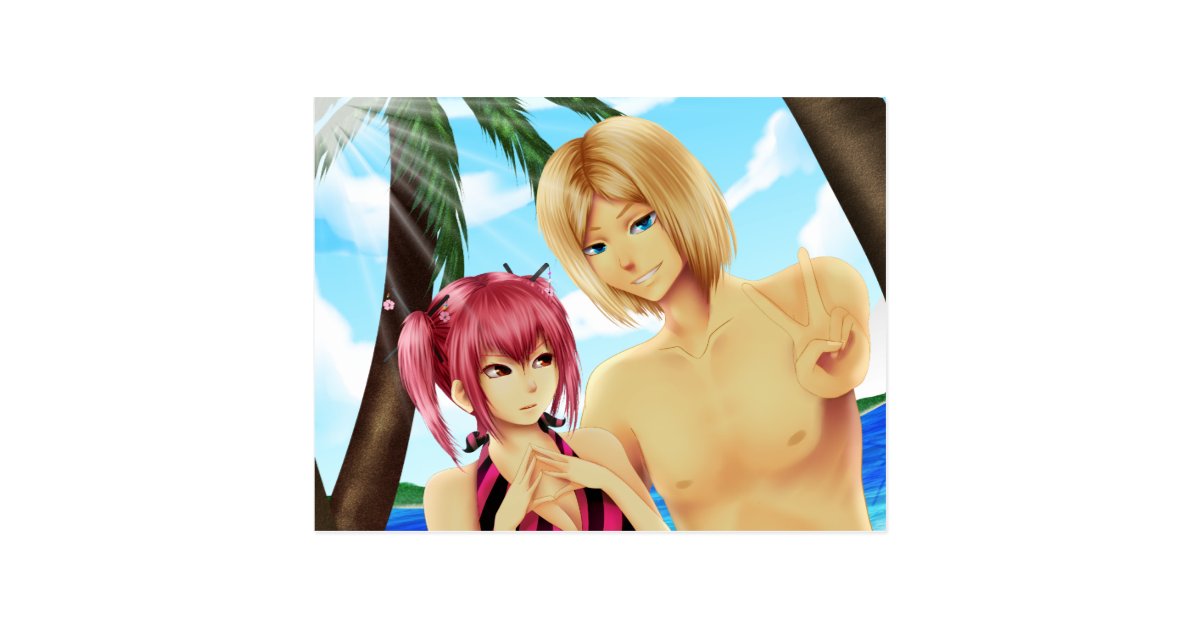 Cute Anime Couple On Vacation Post Card Zazzle Com