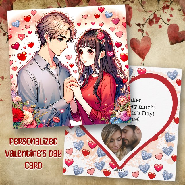 Cute Anime Couple Personalized Valentine's Day Holiday Card (Creator Uploaded)