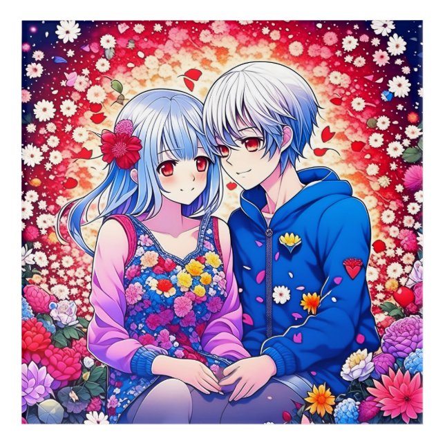 Cute Anime Couple surrounded by Flowers and Heart Acrylic Print (Front)