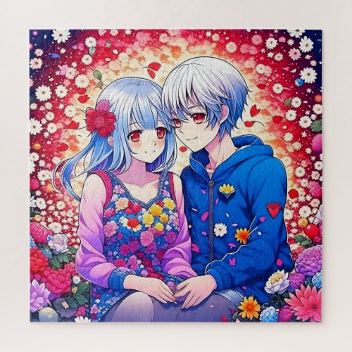 Cute Anime Couple surrounded by Flowers and Heart Jigsaw Puzzle