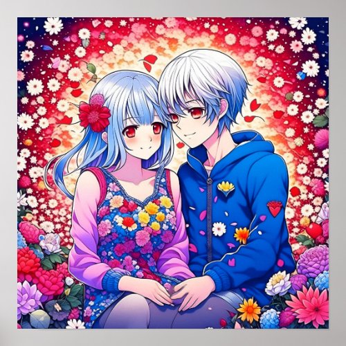Cute Anime Couple surrounded by Flowers and Heart Poster