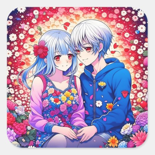 Cute Anime Couple surrounded by Flowers and Heart Square Sticker