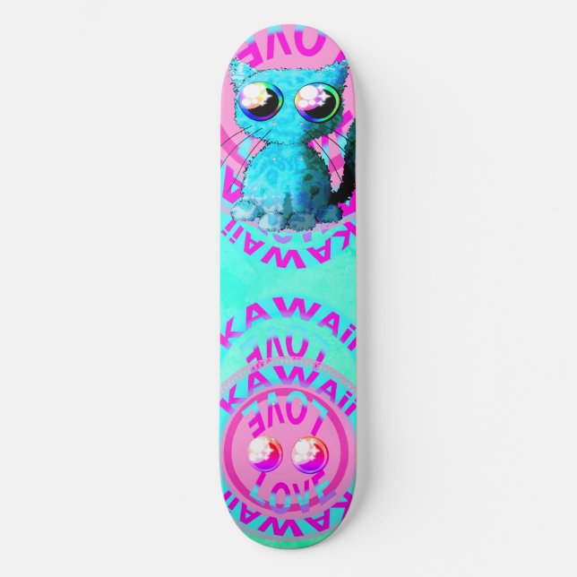 Cute anime design with cat and text skateboard (Front)