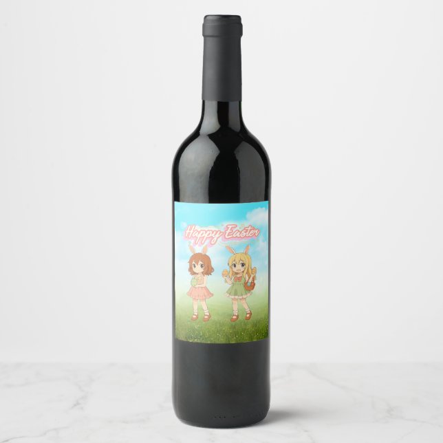 Cute anime Easter bunny girls Wine Label (Front)