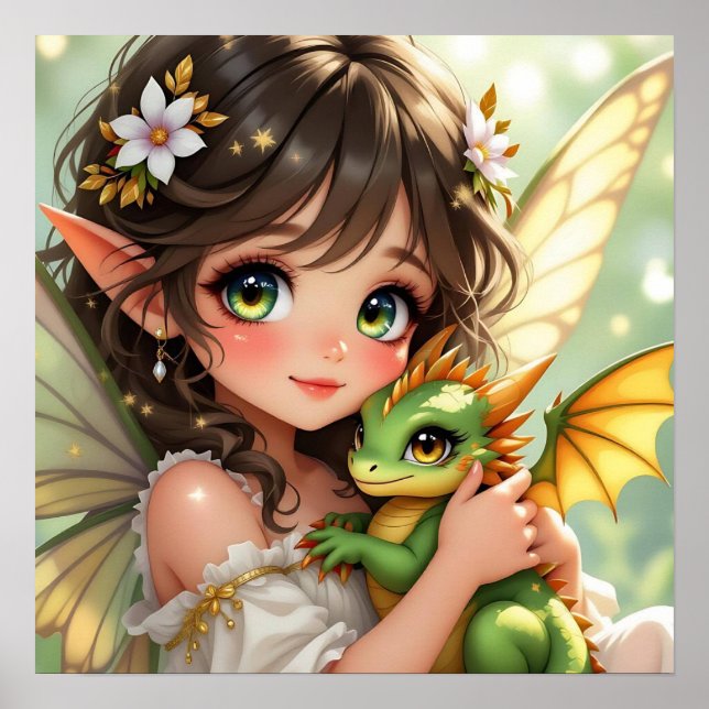 Cute Anime Fairy and Chibi Dragon  Poster (Front)