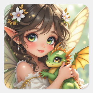 Cute Anime Fairy and Chibi Dragon Square Sticker