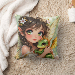 Cute Anime Fairy and Chibi Dragon Throw Pillow