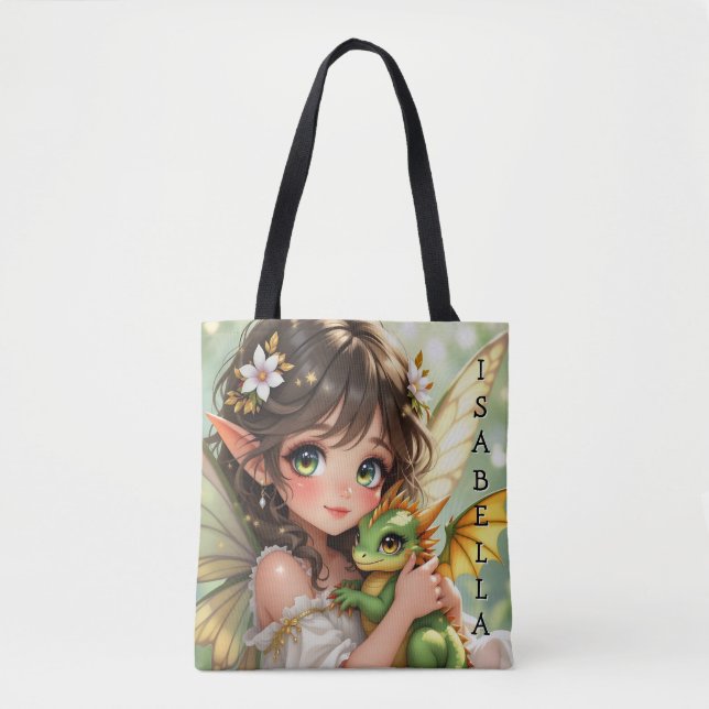 Cute Anime Fairy and Chibi Dragon  Tote Bag (Front)