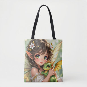 Cute Anime Fairy and Chibi Dragon  Tote Bag