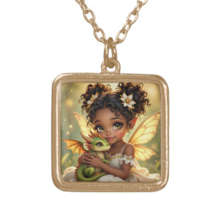 Cute Anime Fairy Girl and Chibi Dragon Gold Plated Necklace