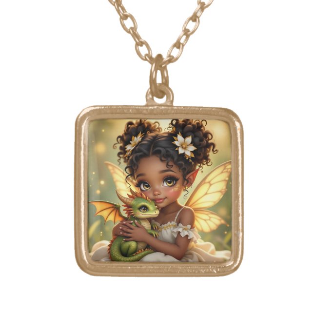 Cute Anime Fairy Girl and Chibi Dragon Gold Plated Necklace (Front)
