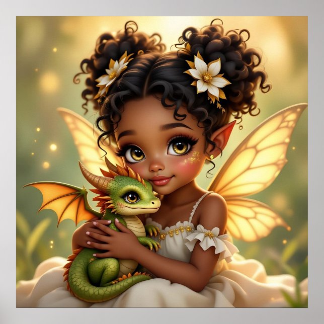 Cute Anime Fairy Girl and Chibi Dragon Poster (Front)