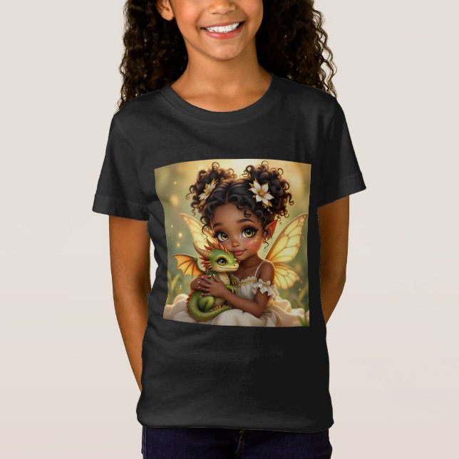Cute Anime Fairy Girl and Chibi Dragon T-Shirt (Front)