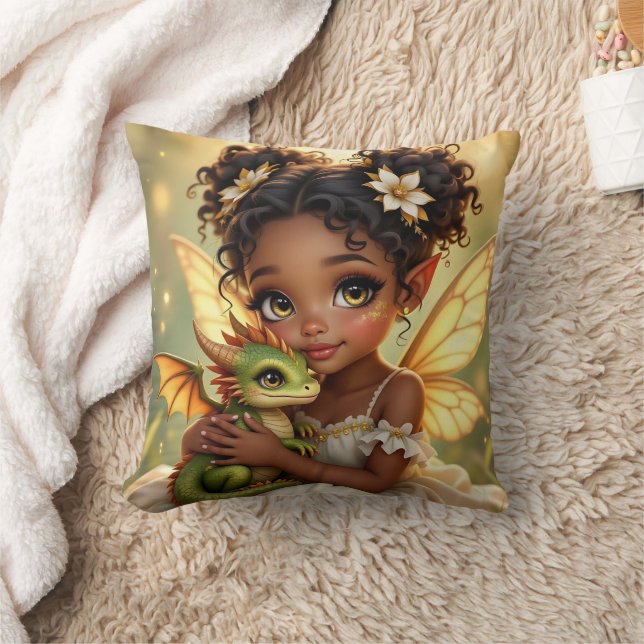 Cute Anime Fairy Girl and Chibi Dragon Throw Pillow (Blanket)