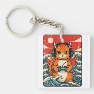 Cute Anime Gamer Cat Japanese Gaming Retro Keychain