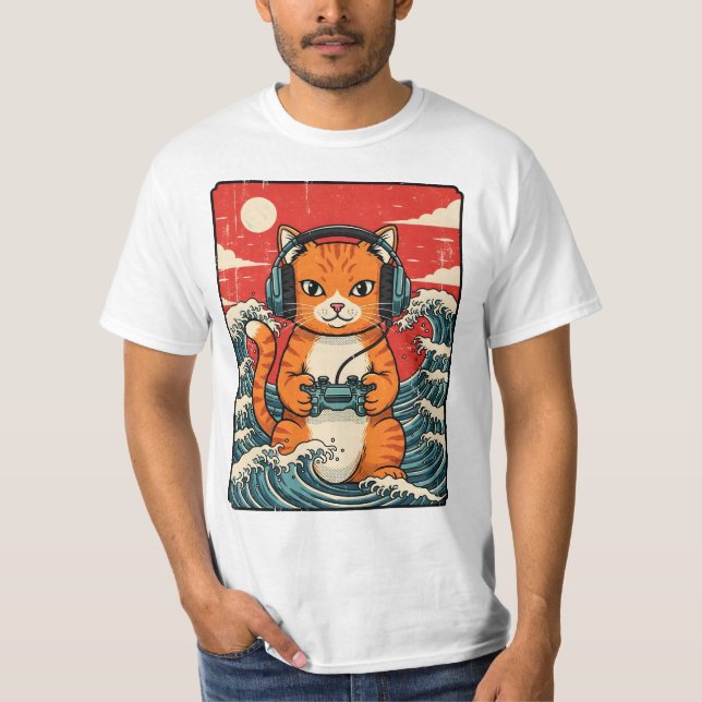 Cute Anime Gamer Cat Japanese Gaming Retro T-Shirt (Front)