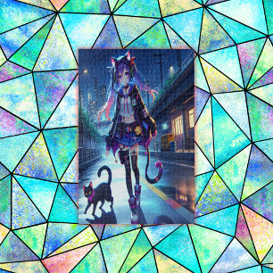 Cute Anime Gamer Girl & Cat Jigsaw Puzzle