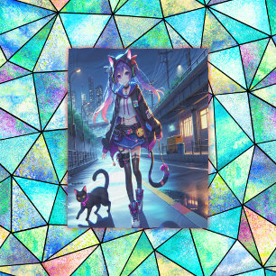 Cute Anime Gamer Girl & Cat Large Fleece Blanket