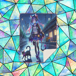 Cute Anime Gamer Girl & Cat Large Sherpa Blanket