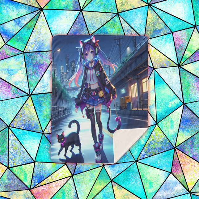 Cute Anime Gamer Girl & Cat | Large  Sherpa Blanket (Creator Uploaded)