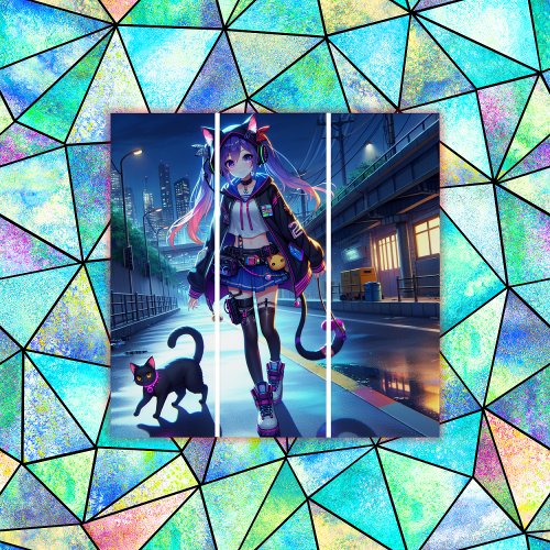 Cute Anime Gamer Girl  Cat  Triptych