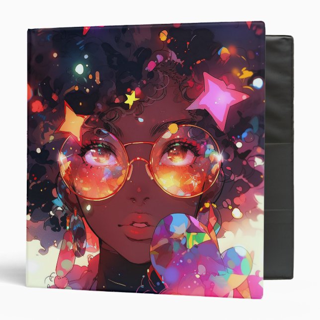 Cute Anime Girl African American Art 3 Ring Binder (Front/Inside)