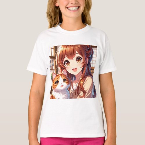 Cute Anime Girl And Ginger Cat Shirt