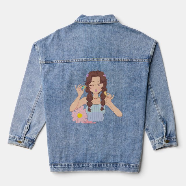 Cute Anime Girl Applying Mascara | Self-Care  Denim Jacket (Back)