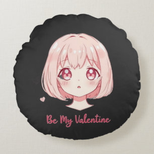 Cute Anime Girl - Be My Valentine T-Shirt Round Pillow