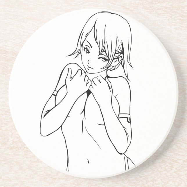 Cute Anime Girl, Black Sandstone Coaster (Front)