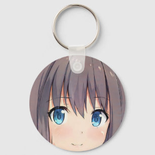 Cute anime girl brown hair blue eyes manga kitty keychain