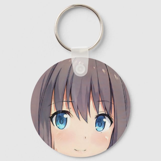 Cute anime girl brown hair blue eyes manga kitty  keychain (Front)
