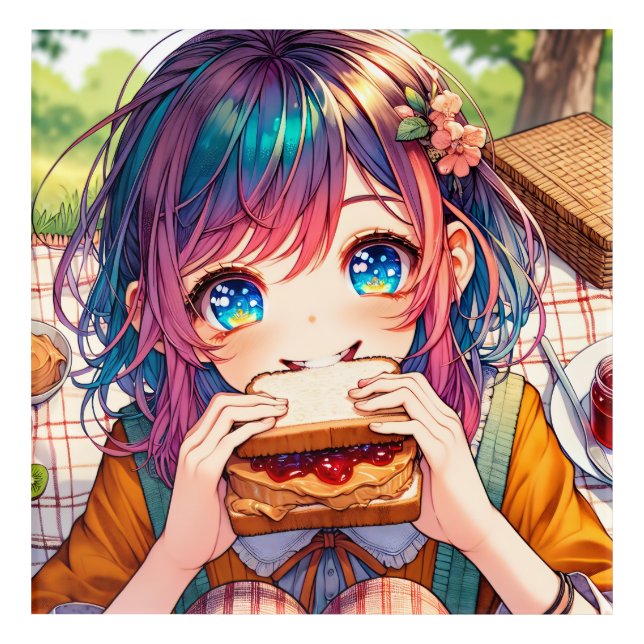Cute Anime Girl eating a Peanut Butter and Jelly Acrylic Print (Front)