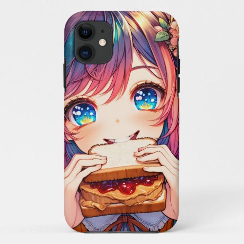 Cute Anime Girl eating a Peanut Butter and Jelly iPhone 11 Case