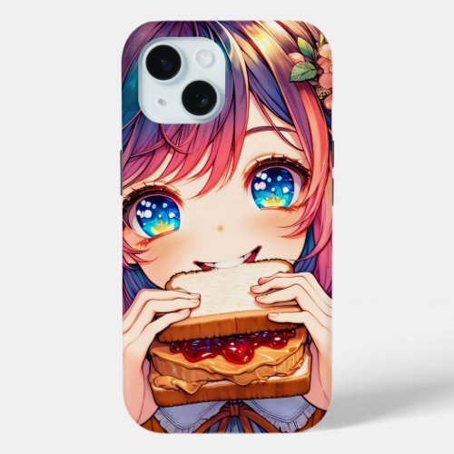 Cute Anime Girl eating a Peanut Butter and Jelly iPhone 15 Case