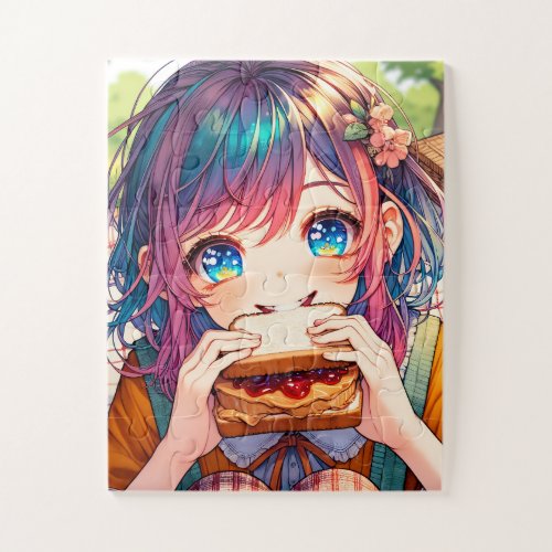 Cute Anime Girl eating a Peanut Butter and Jelly Jigsaw Puzzle