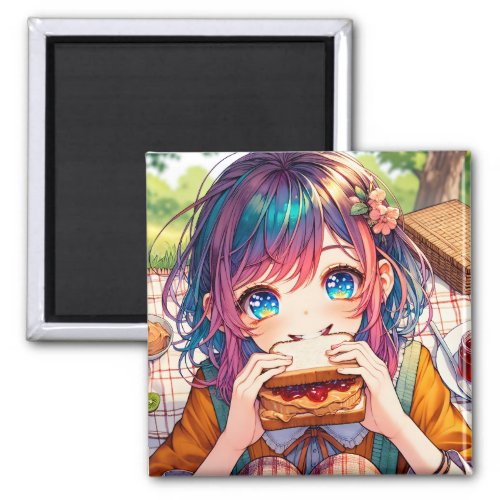 Cute Anime Girl eating a Peanut Butter and Jelly Magnet