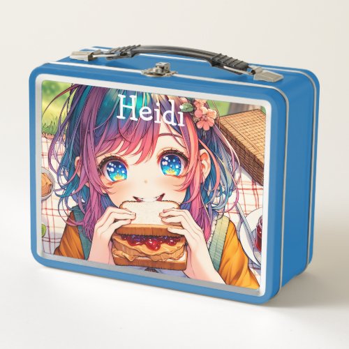 Cute Anime Girl eating a Peanut Butter and Jelly Metal Lunch Box