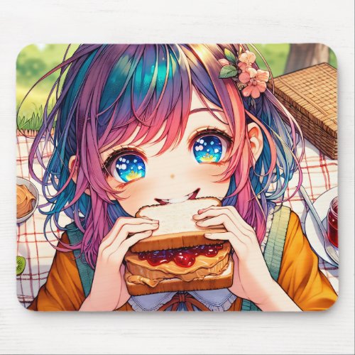 Cute Anime Girl eating a Peanut Butter and Jelly Mouse Pad