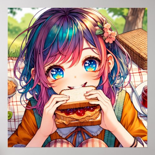 Cute Anime Girl eating a Peanut Butter and Jelly Poster