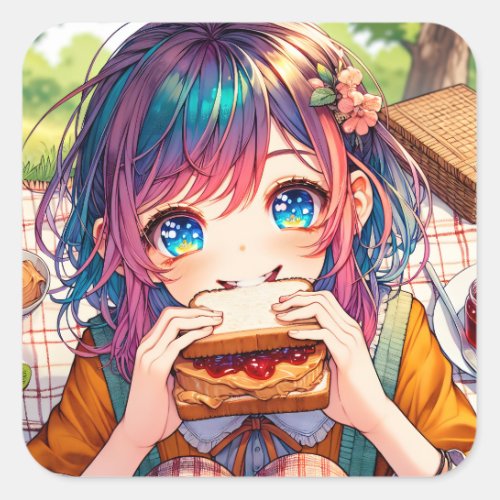 Cute Anime Girl eating a Peanut Butter and Jelly Square Sticker