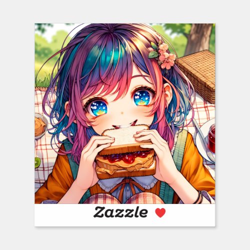 Cute Anime Girl eating a Peanut Butter and Jelly Sticker