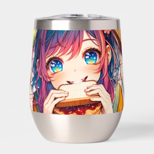 Cute Anime Girl eating a Peanut Butter and Jelly Thermal Wine Tumbler