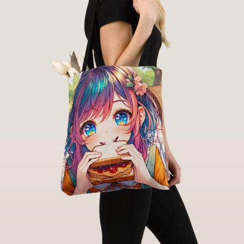 Cute Anime Girl eating a Peanut Butter and Jelly Tote Bag