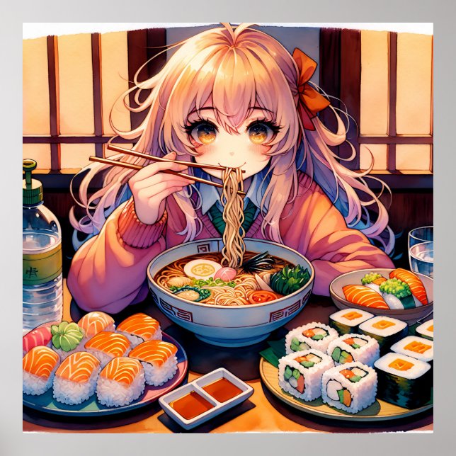 Cute Anime Girl Eating Ramen and Sushi Poster (Front)